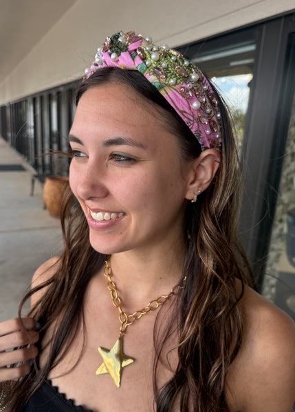 Pink Floral Print Rhinestoned Headband