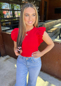 Fun Filled Days  Red Ribbed Cropped Ruffle Sleeve Top
