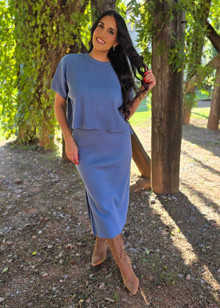 In A Breeze Blue 2 pc Ribbed Skirt Set