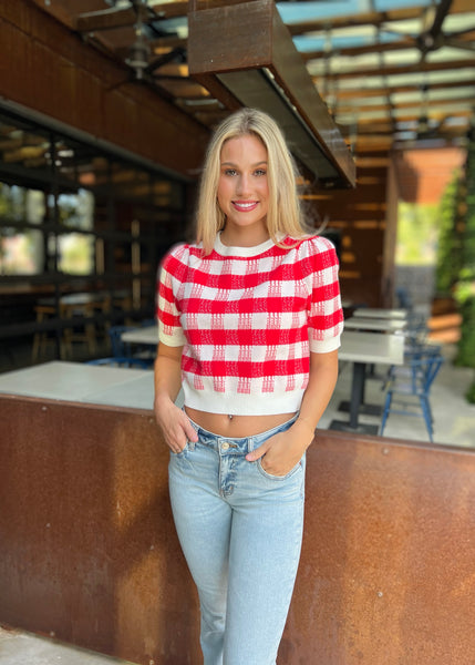 Check It Out Red & White Plaid Short Sleeve Sweater
