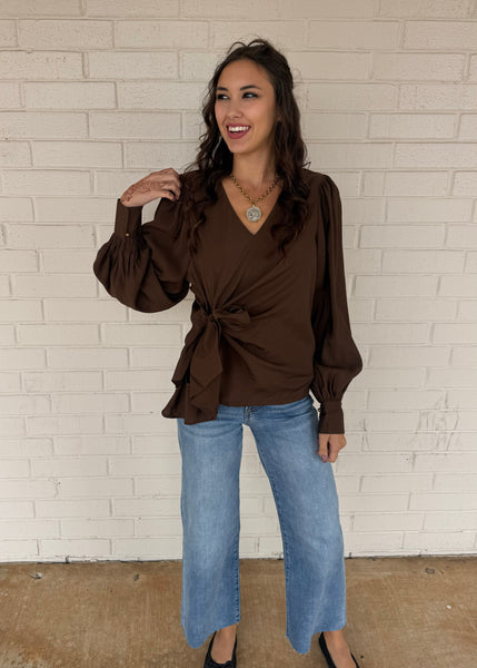 Believe Me When I Say Side Tie Brown Blouse