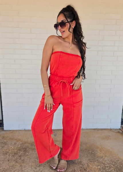 No Exposure Red Strapless Jumpsuit