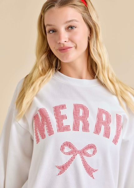 "Merry" Bow White Patched Sweatshirt