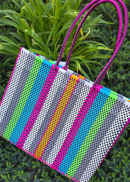 Summer Of Color Woven Single Strap Tote Bag/Grey & Bright Striped