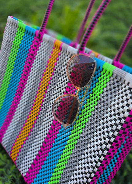 Summer Of Color Woven Single Strap Tote Bag/Grey & Bright Striped