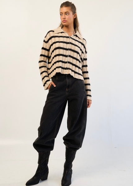 Unwind Taupe/Black Stripe Zip Up Sweater