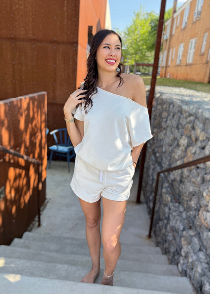 As You Are White French Terry Off Shoulder Top
