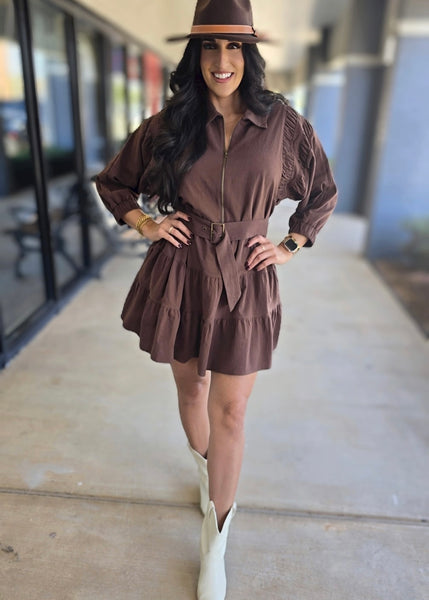 Fall Festival Brown Belted Mini Dress