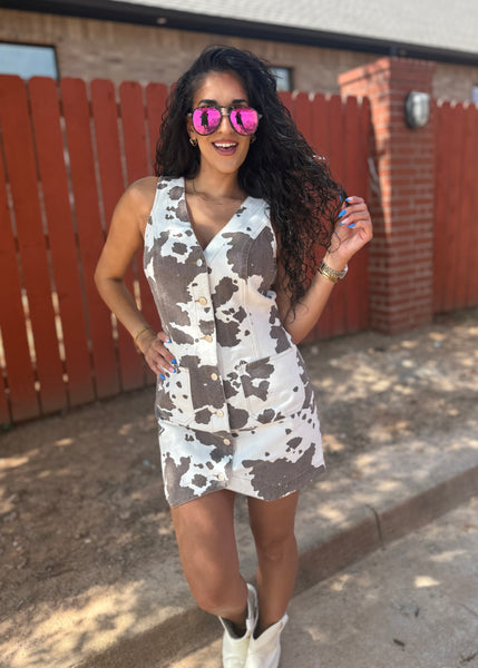Girls Just Wanna Have Fun Cow Print Denim Dress