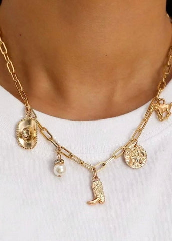 Western Boot Hat Horse Charm Necklace