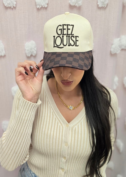 “Geez Louise” Brown Checkered Canvas Trucker Hat