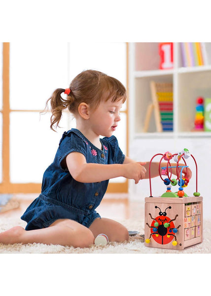 Wooden Activity Cube Classic Bead Maze Toy Educational Learn