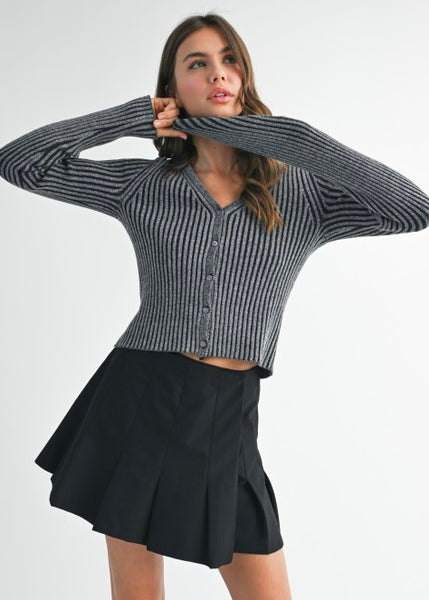 Places To go Black Ribbed Button Up Fitted Cardigan