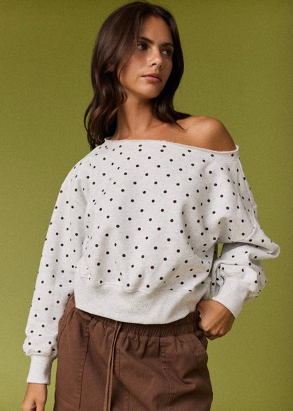 From The Past White & Taupe Polka Dot Off The Shoulder Sweatshirt Top