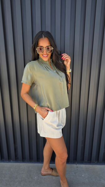 Sunset Serenade Olive Iridescent Short Sleeve Top