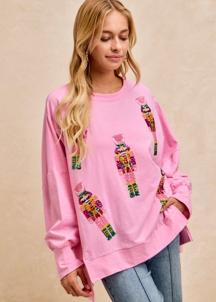 A Pink Christmas Sequin Nutcracker Pullover