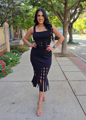 Just One Look Black Fringe Midi Skirt