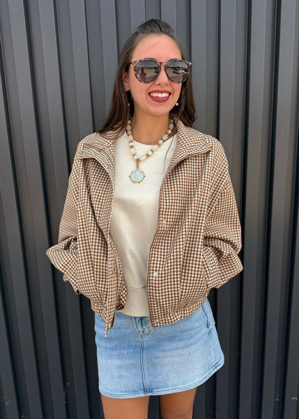 Checked In Long Sleeve Camel Checked Bomber Jacket