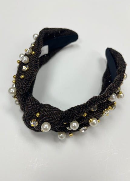 Brown Tweed Crystal & Pearl Headband
