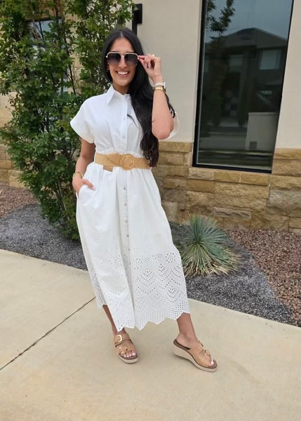 Island Getaway White Button Midi Dress