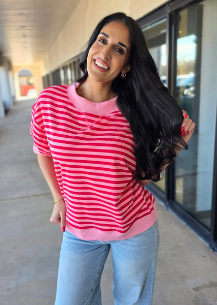 To Be Happy Pink/Red Striped Short Sleeve Top