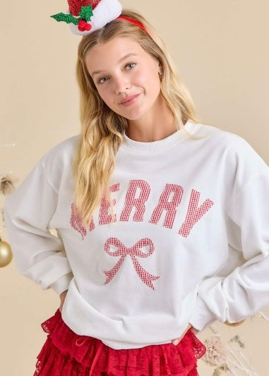 "Merry" Bow White Patched Sweatshirt