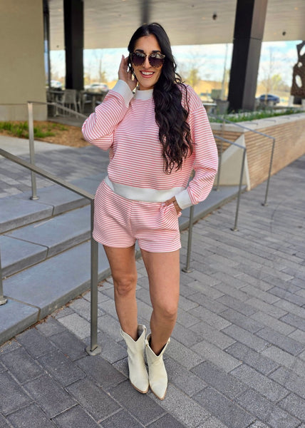 Traveling Abroad Pink & White Striped 2 Pc Short Set