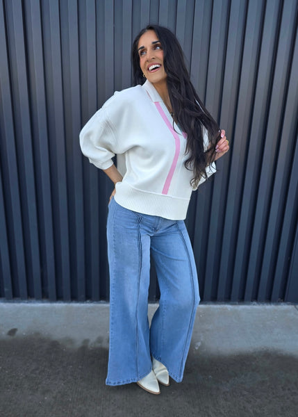 Dream Lover Striped V Neckline White Spring Sweater