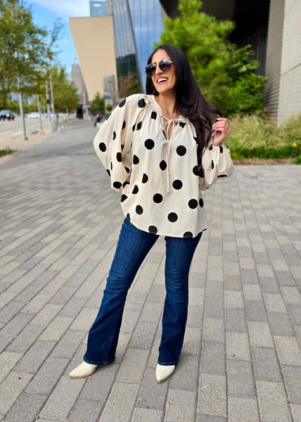 Exaggerated Polka Dot Balloon Sleeve Top