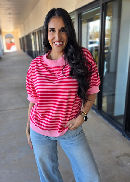 To Be Happy Pink/Red Striped Short Sleeve Top