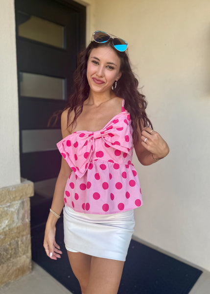 Flirty Fun Pink Polka Dot One Shoulder Top