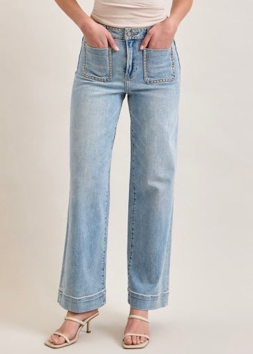 Nori High Rise Studded Wide Leg Stretch Jeans