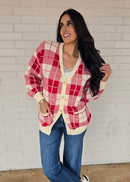 All Season Long Red Checked Cardigan