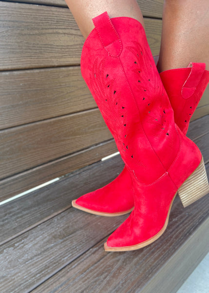 Olivia Red Cowgirl Boots With Cutout Detail