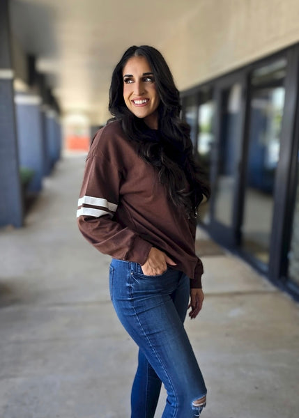 On Varsity Striped Brown Crewneck