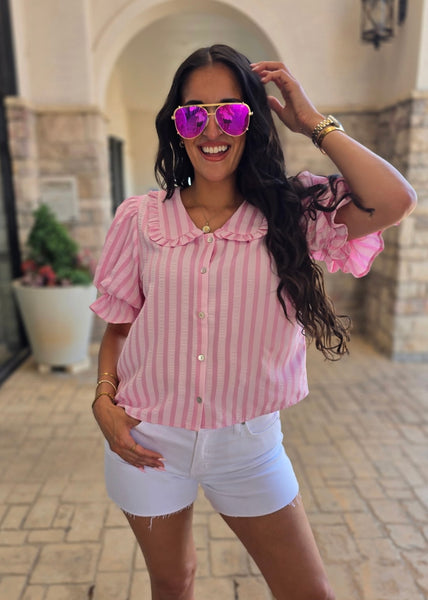 Going Out Pink Striped Puff Sleeve Top