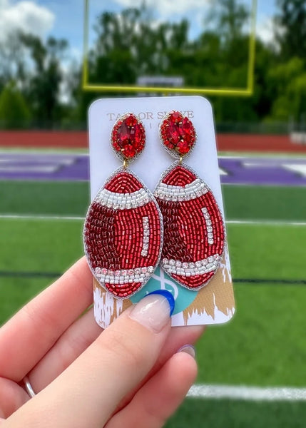 Game Day Red Beaded Football Earrings
