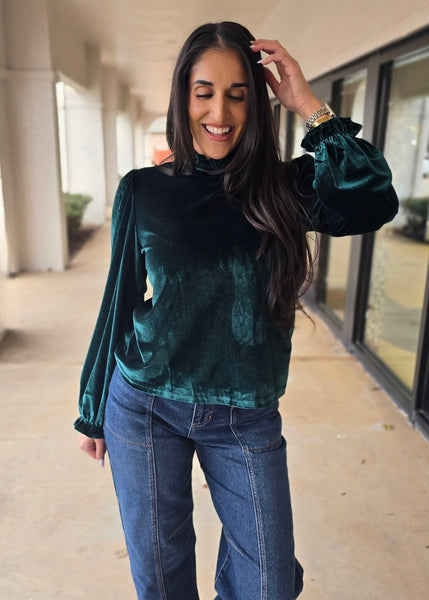 Under The Mistletoe Green Velvet Puff Sleeve Top