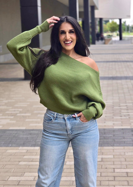 Fireside Casual Off The Shoulder Olive Waffle Knit Top