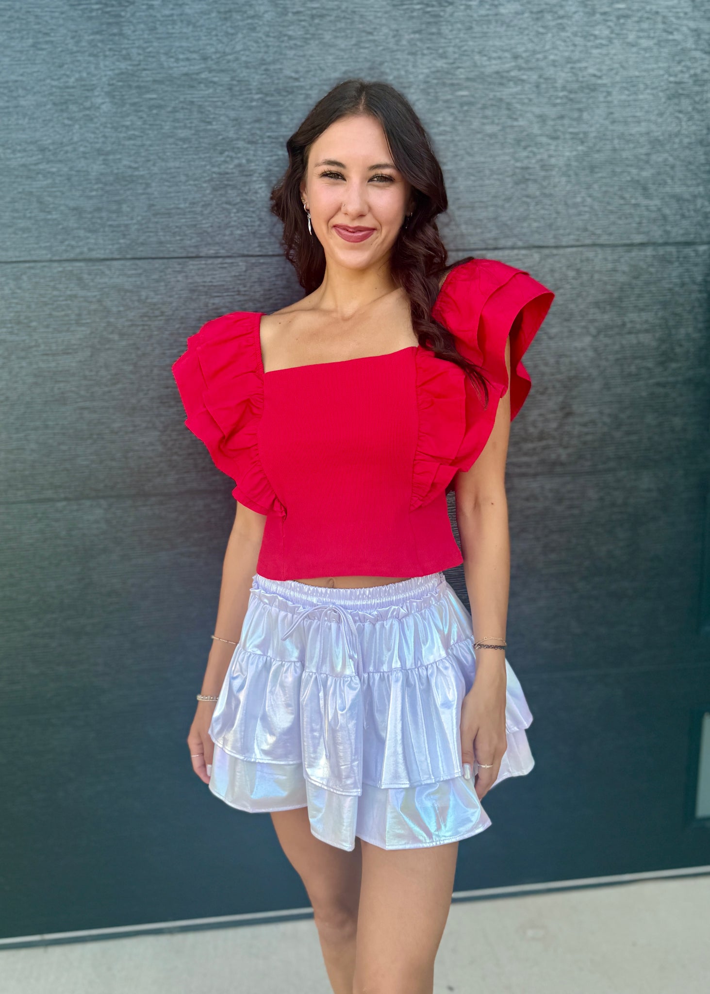 Social Delight Red Top With Ruffle Sleeves