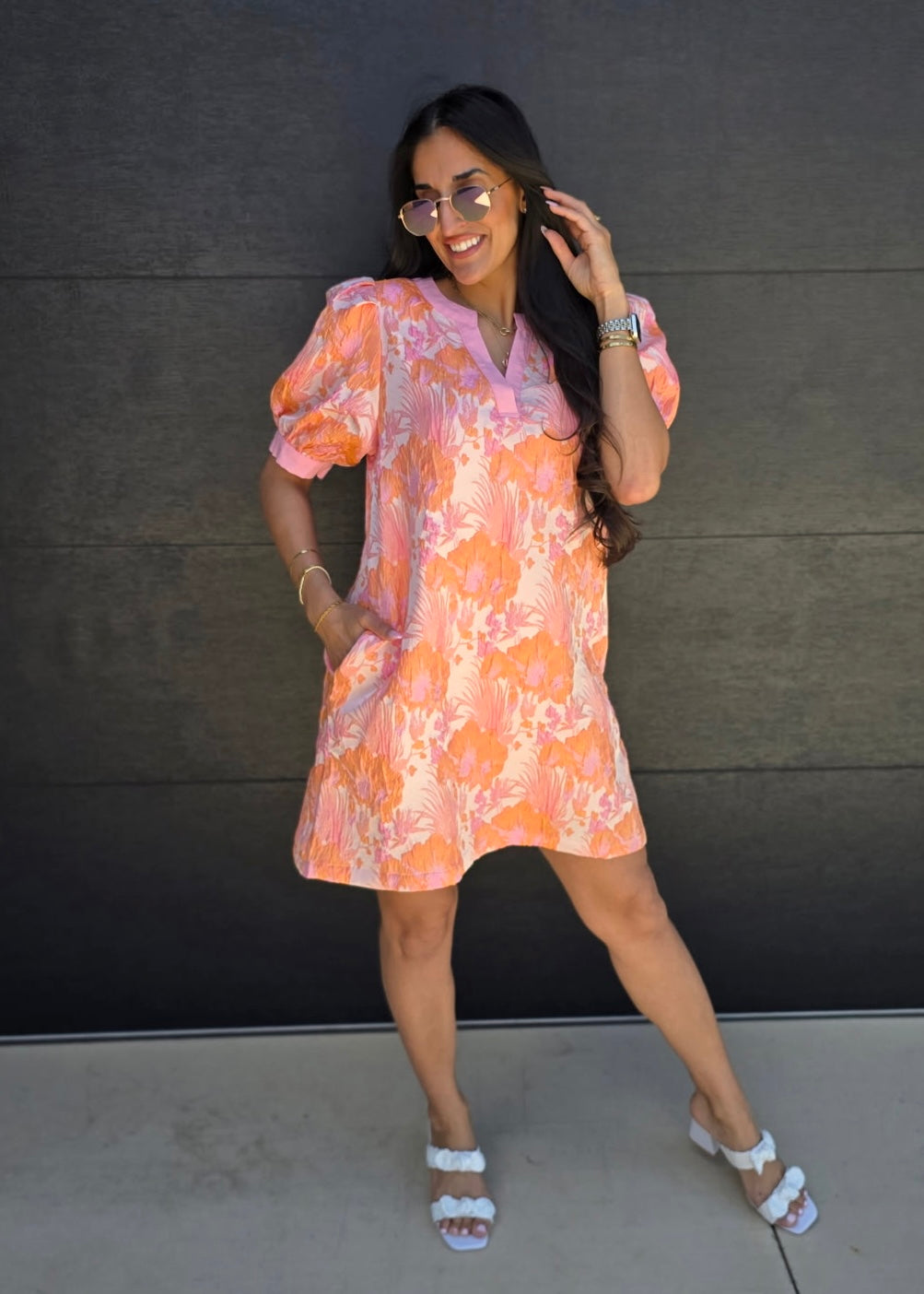 open lace back dress Wonderful Life Orange & Pink Jacquard Puff Sleeve Dress – Pink Attitude  Boutique