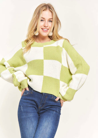 New Beginnings Checkered Colorblock Lime Sweater