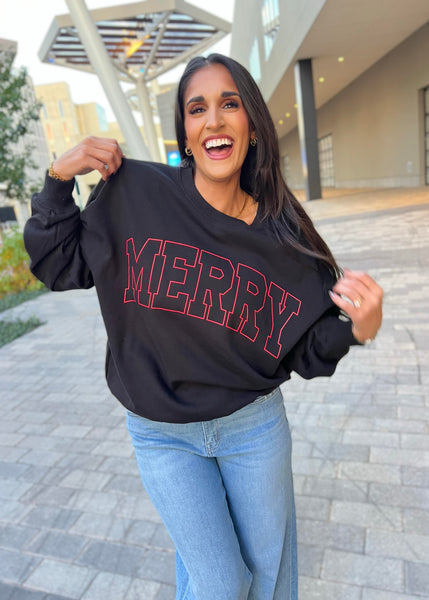 "MERRY" Black Crewneck  Graphic Sweatshirt