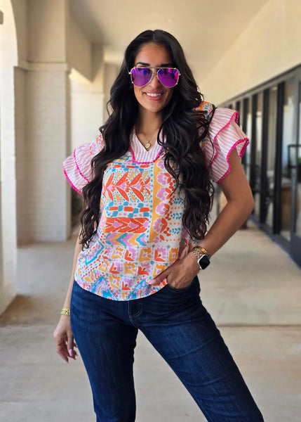 Preppy Charm Pink Boho Floral Top