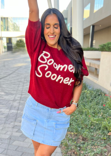 "Boomer Sooner" CRIMSON Stadium Sweater Top with White Lettering