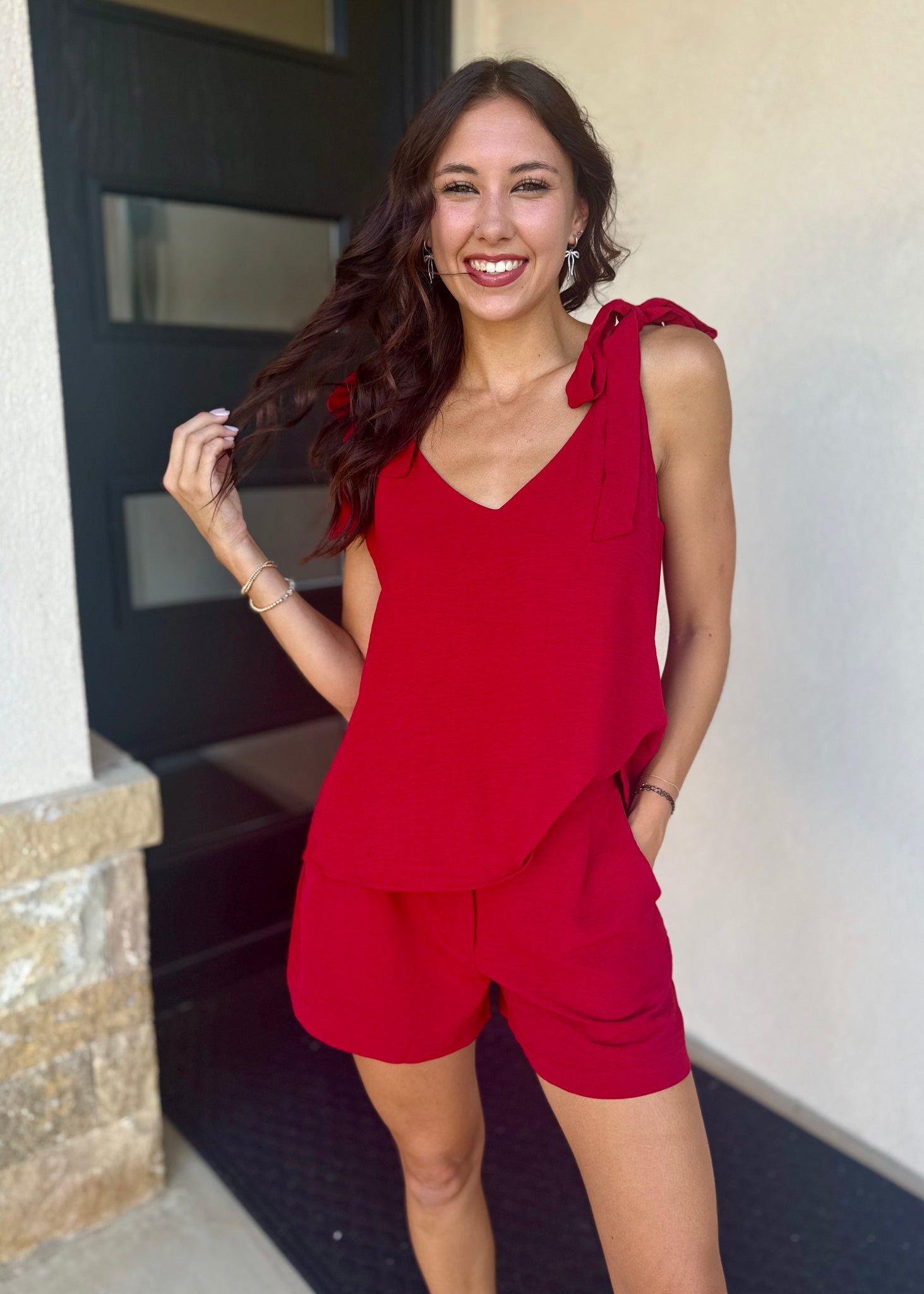 Wonderful Day V Neck Crimson Top With Self Tie Straps