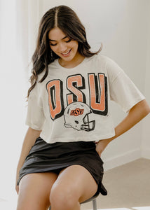 OSU Cowboys Helmet Fade Off White Cropped Tee