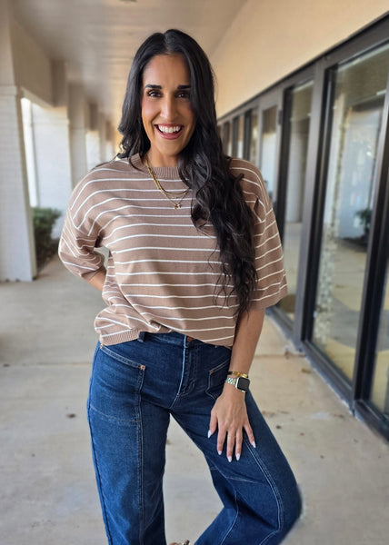 Saturday Stripes Taupe/ White Striped Short Sleeve Sweater