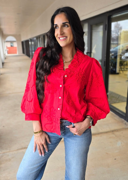 Beauty Mark Red Patterned Button Up Top