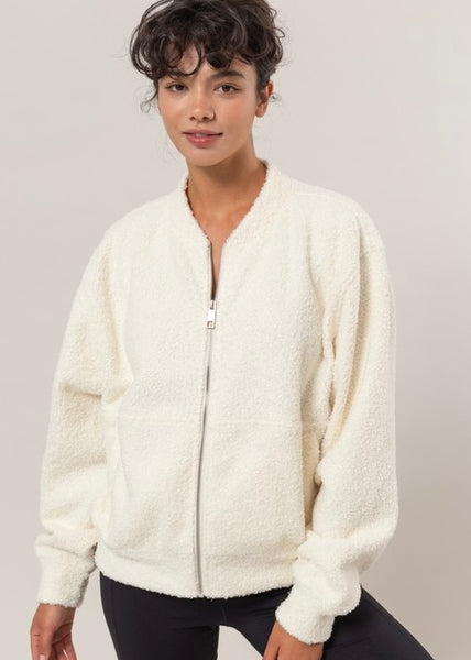 Cozy Up Fleece Zip Front Cream Bomber Jacket